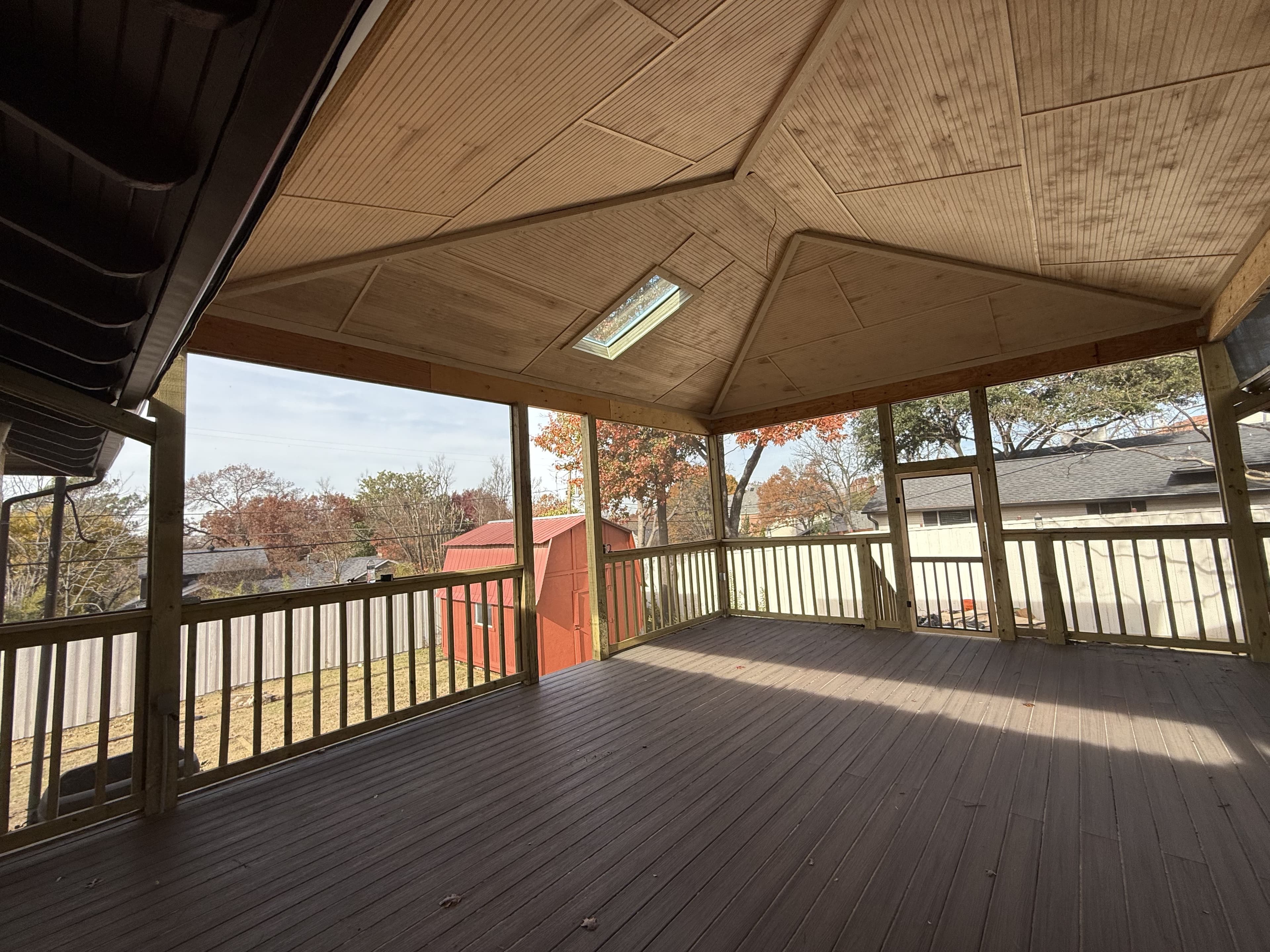Covered patio with wood ceiling built by North Texas Builders